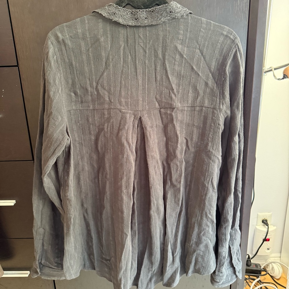 Free People Carter Dobby Dark Gray Embroidered Button Down Shirt, Medium - Picture 3 of 13